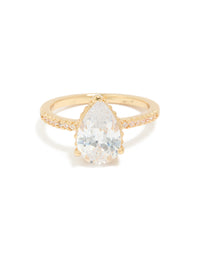 Gold Plated Solitaire Pear Cubic Zirconia Textured Ring - link has visual effect only