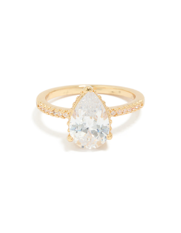 Gold Plated Solitaire Pear Cubic Zirconia Textured Ring