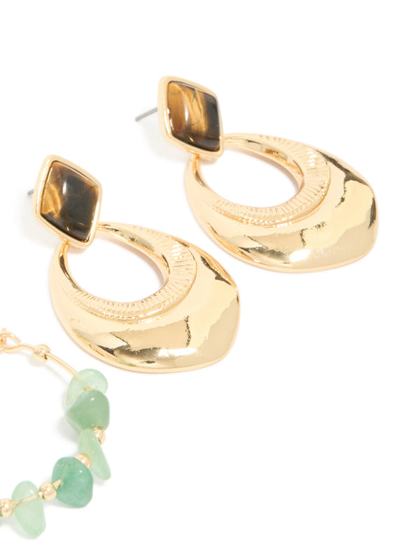 Gold & Green Acrylic Drop & Hoop Earrings 3-Pack
