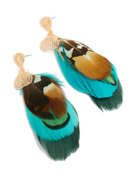 Gold Brown & Blue Feather Drop Earrings - link has visual effect only