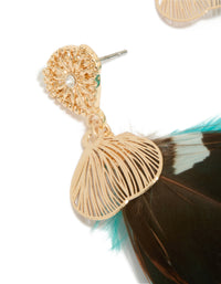 Gold Brown & Blue Feather Drop Earrings - link has visual effect only