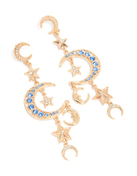 Gold Blue Diamante Celestial Moon & Star Drop Earrings - link has visual effect only