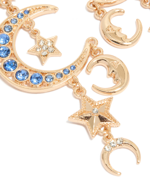 Gold Blue Diamante Celestial Moon & Star Drop Earrings