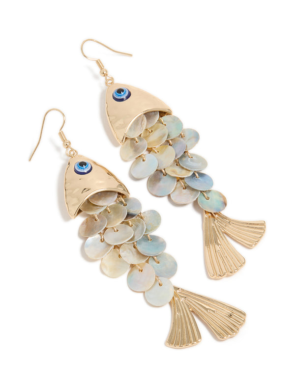 Gold Evil Eye  Fish Drop Earrings