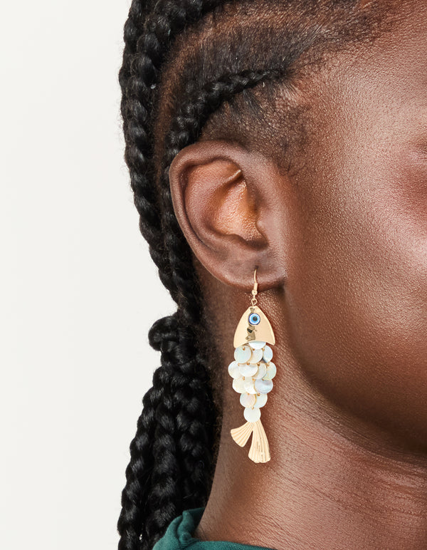 Gold Evil Eye  Fish Drop Earrings