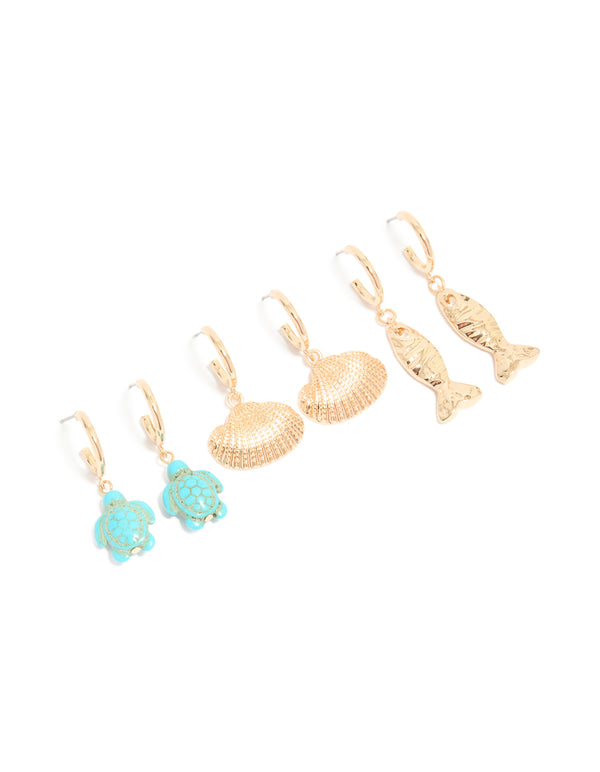 Gold Sea Life Huggie Earrings 3-Pack