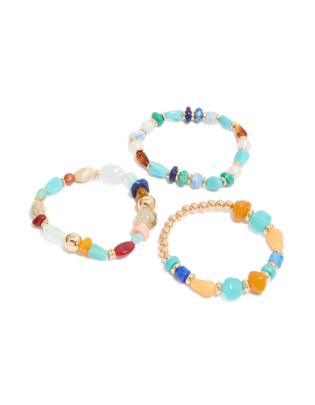 Discover multicoloured beaded irregular shape bracelets in a 3-pack crafted from turquoise with gold, blue and white tones front view