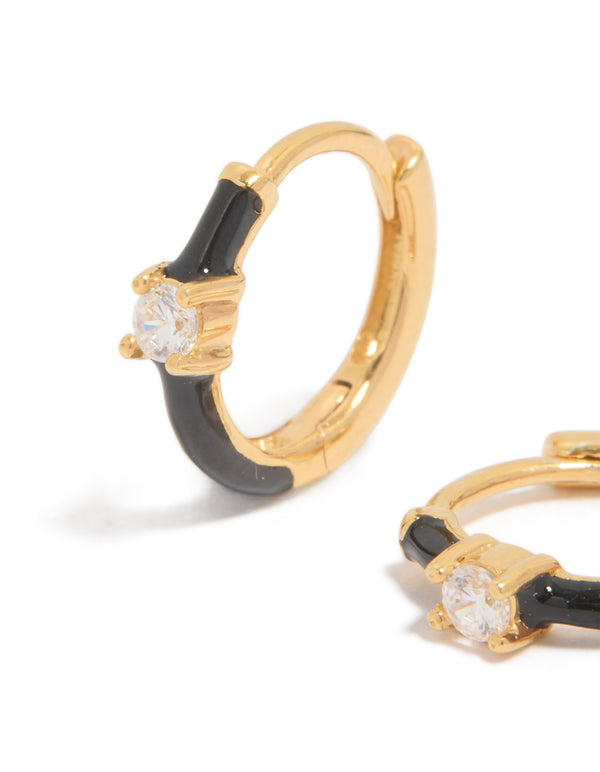 Gold Plated Sterling Silver Cubic Zirconia & Black  Enamel Huggie Earrings