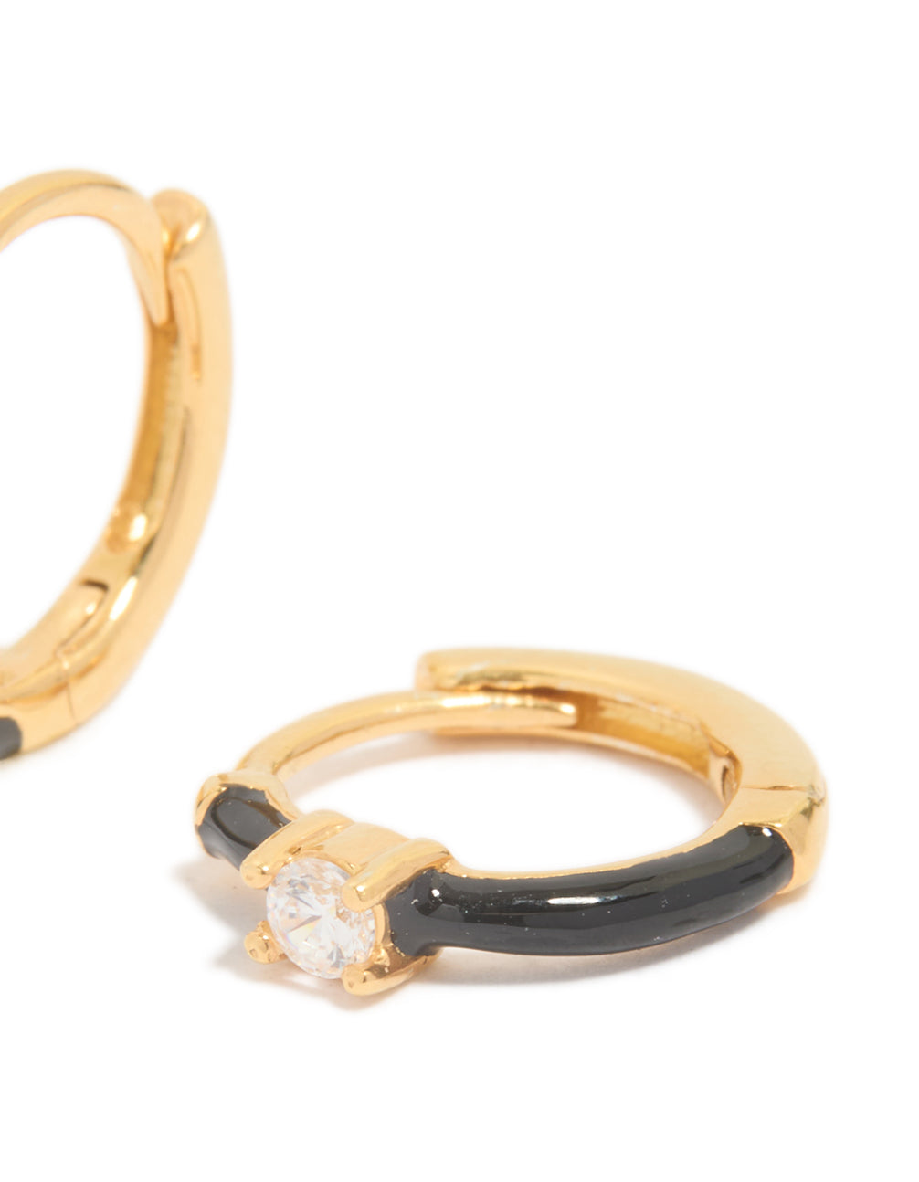 Gold Plated Sterling Silver Cubic Zirconia & Black  Enamel Huggie Earrings