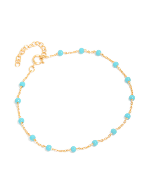 Gold Plated Sterling Silver Blue  Enamel Station Beaded Bracelet