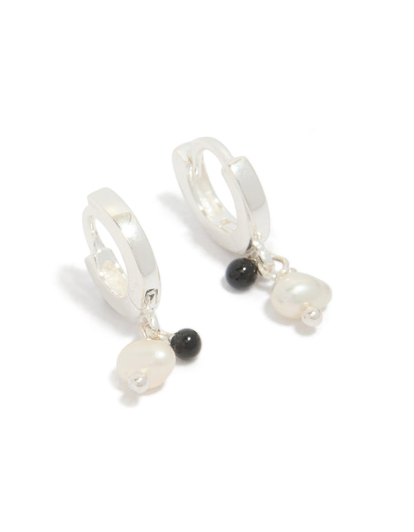 Sterling Silver Pearl & Black Stone Drop Huggie Earrings