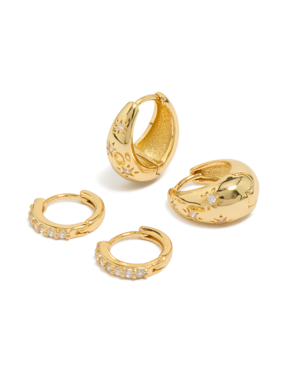 Showcasing statement celestial teardrop huggie earrings in a 2-pack, crafted from brass with cubic zirconia and crystal embellishments front view