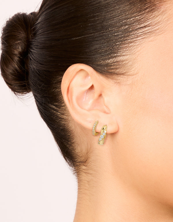 Gold Plated Brass Woven & Fine Cubic Zirconia Huggie Earrings 2-Pack