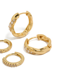 Crafted from gold plated brass woven and fine cubic zirconia huggie earrings in a 2-pack with crystal and hoop closure post detail view - link has visual effect only