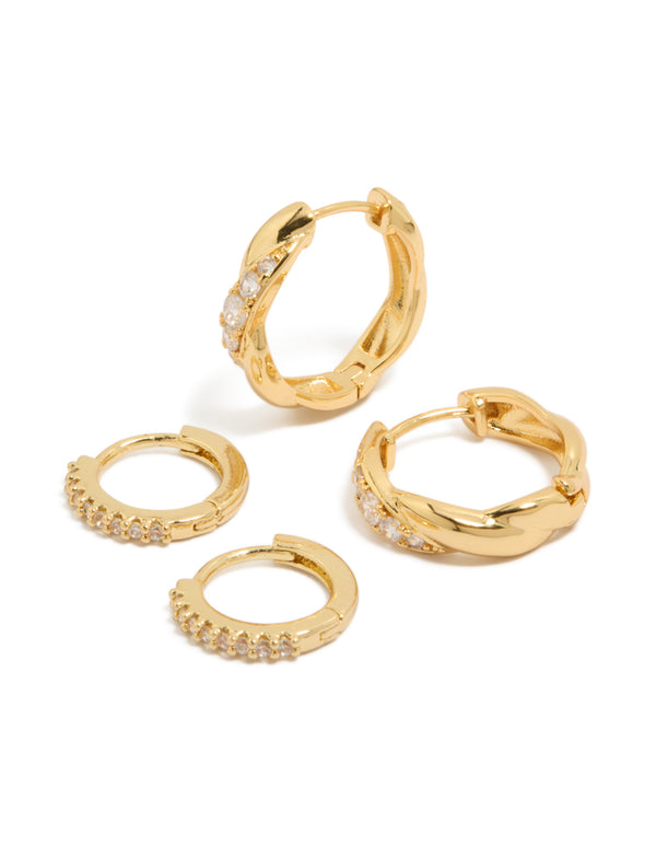 Showcasing gold plated brass woven and fine cubic zirconia huggie earrings in a 2-pack with crystal accents with hoop closure front view