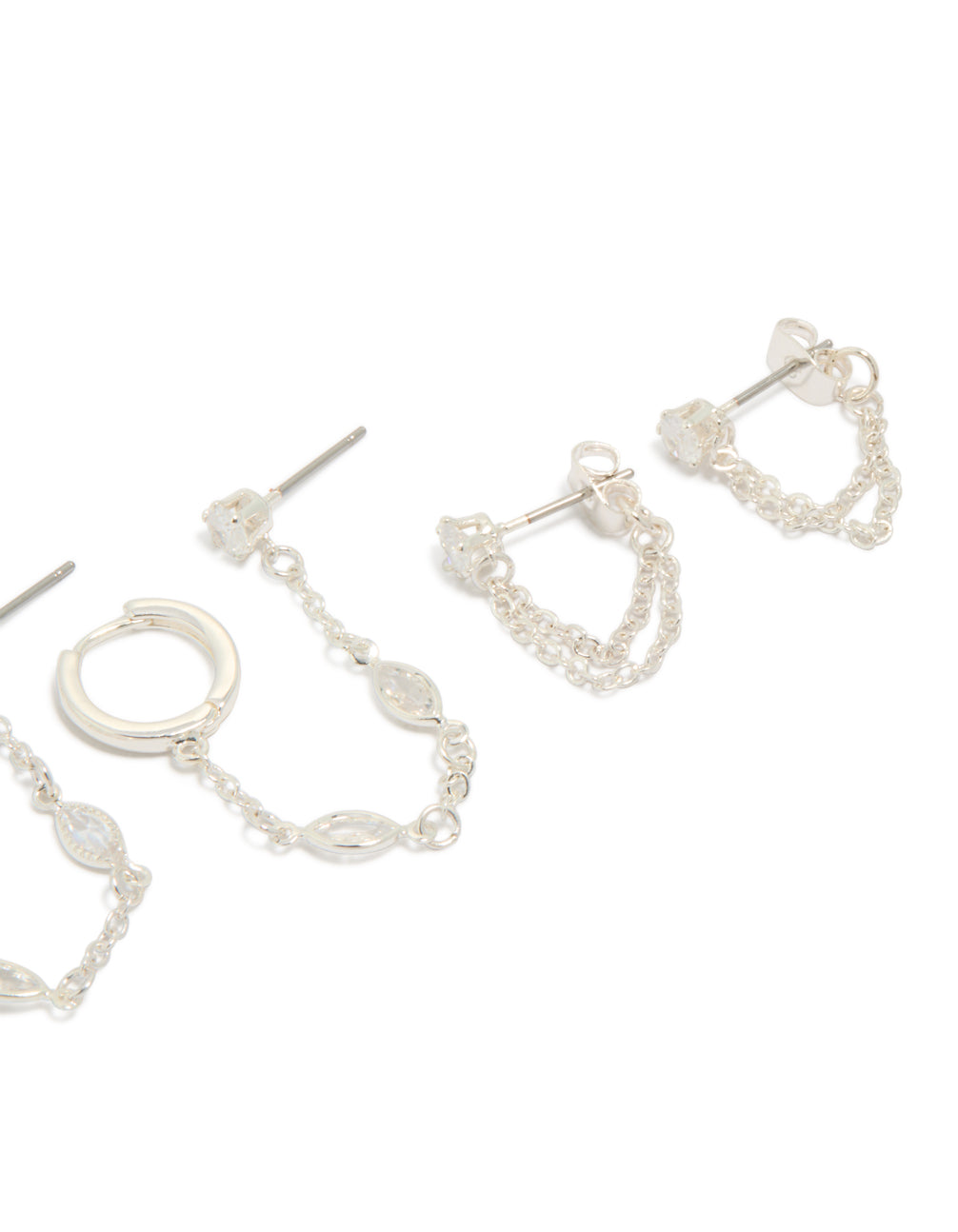 Explore this statement silver plated brass chain and stud earrings 4-pack with charm details featuring crystal, cubic zirconia and huggie closure post detail view