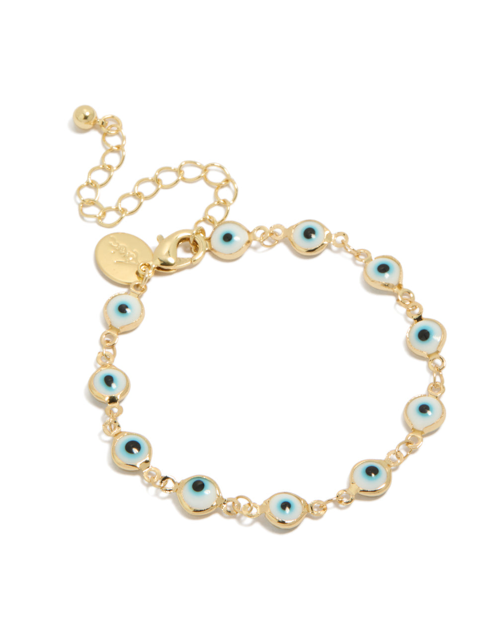 Showcasing a gold plated brass evil eye chain bracelet in statement style front view