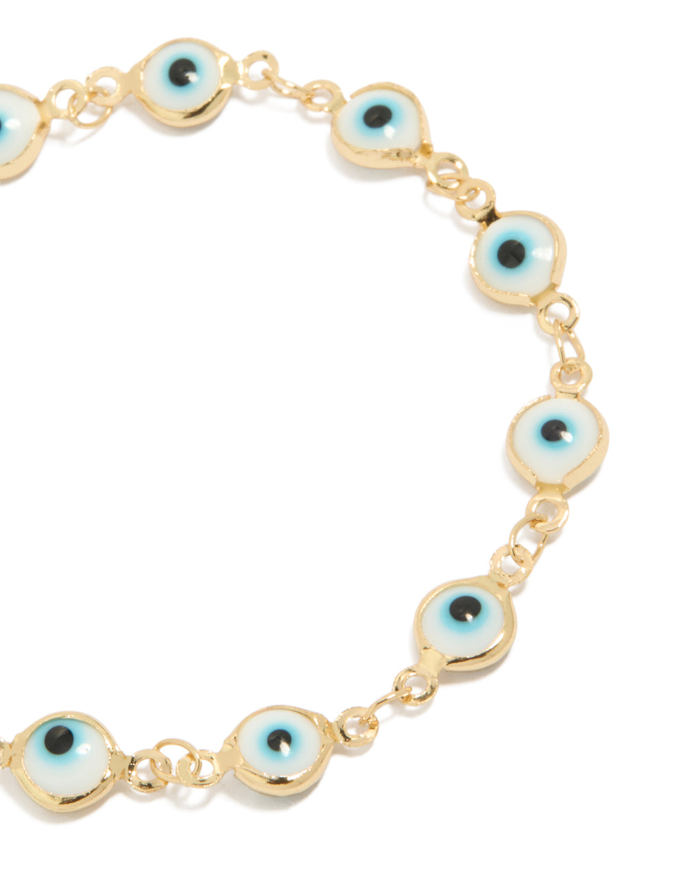 Designed with gold plated brass evil eye charm chain bracelet in statement style close up view