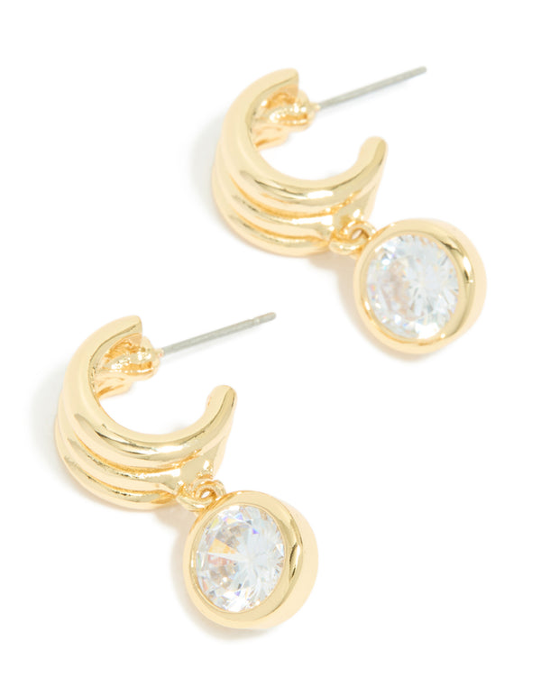 Gold Plated Cubic Zirconia Bezel Line Huggie Earrings