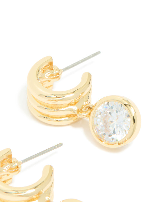 Gold Plated Cubic Zirconia Bezel Line Huggie Earrings