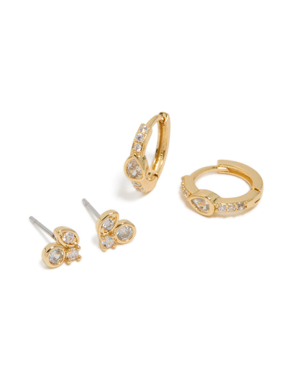 Gold Plated Cubic Zirconia Trio Stud & Huggie Earrings 2-Pack