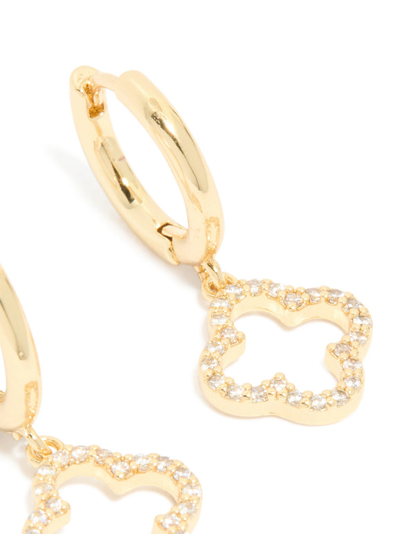 Gold Plated Cubic Zirconia Huggie Flower Drop Earrings