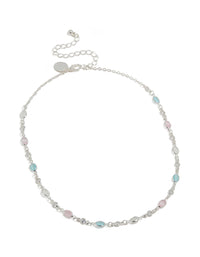 Discover this silver plated pink and blue cubic zirconia mixed oval necklace front view - link has visual effect only