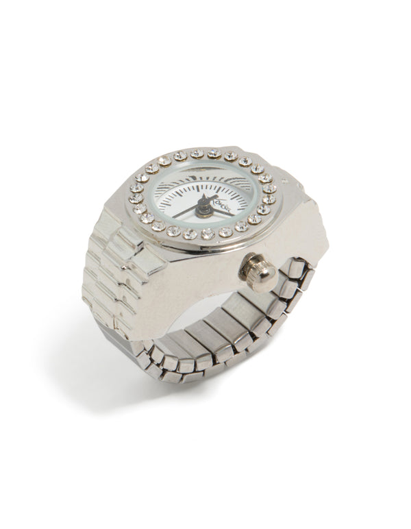 Expertly crafted silver diamante face watch ring in stainless steel with white and statement details side detail view