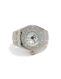 Stylish silver diamante face watch ring made from stainless steel with white and statement design front view - link has visual effect only