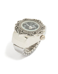 Showcasing a statement watch ring with black dial, round shape designed for women in casual analog style, crafted from stainless steel with link band in silver front view - link has visual effect only
