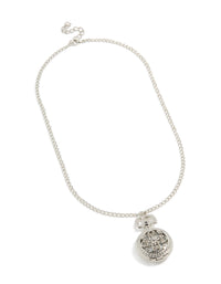 Featuring a silver long watch pendant necklace with floral locket details, and stainless steel in a statement style front view - link has visual effect only