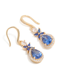 Elegant gold blue cubic zirconia flower drop earrings featuring with crystal and statement style front view - link has visual effect only
