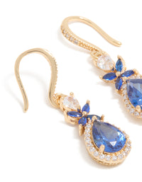 Detailed gold blue cubic zirconia flower drop earrings featuring with crystal and statement style close up view - link has visual effect only