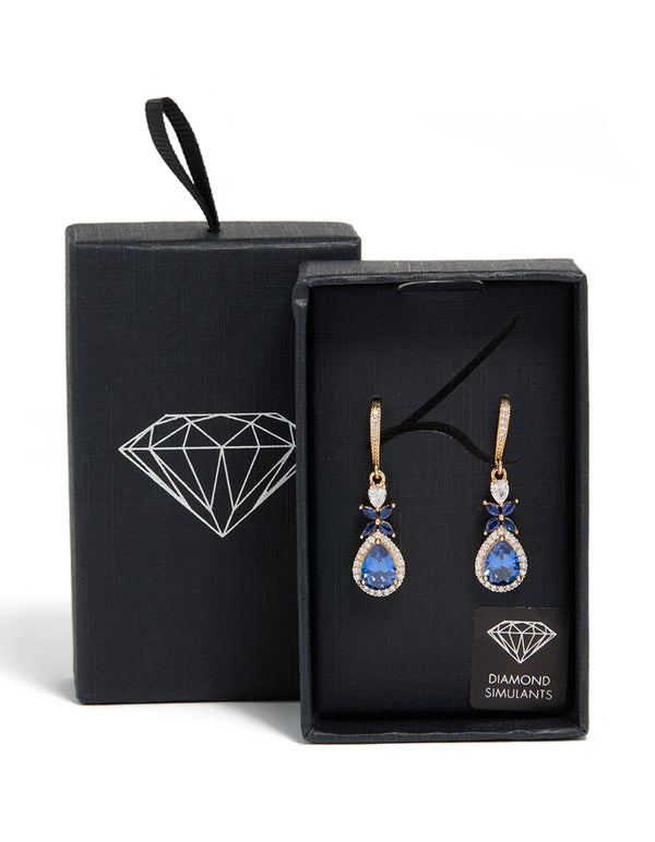 Elegant gold blue cubic zirconia flower drop earrings featuring with crystal and statement style front view
