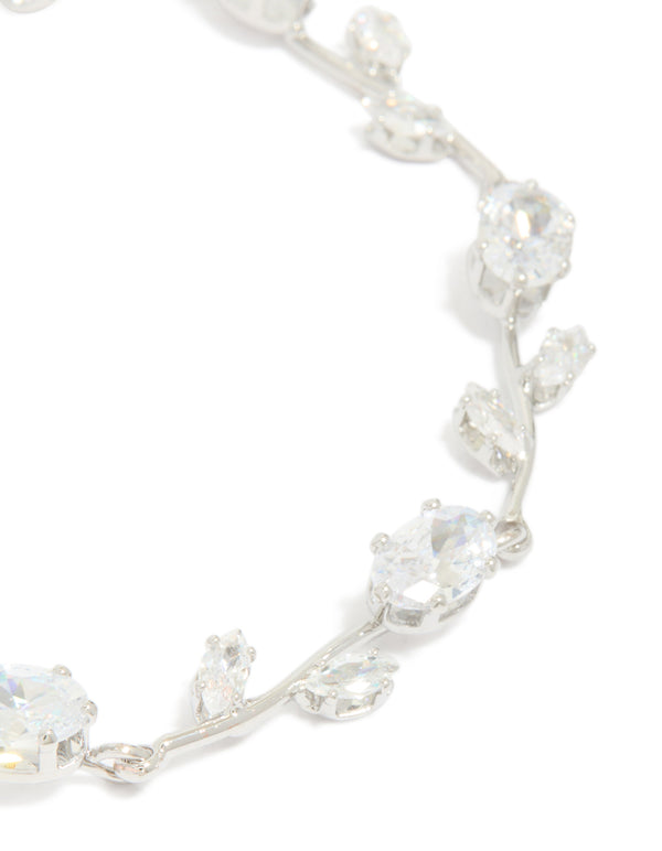 Stunning close up of dainty vine bracelet with cubic zirconia stones in silver and clear close up view