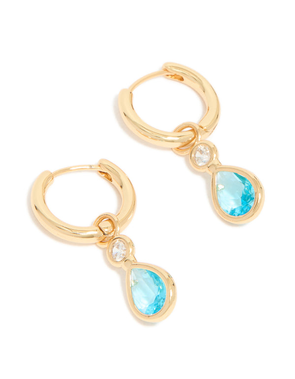 Gold Plated Blue Cubic Zirconia Teardrop Huggie  Earrings