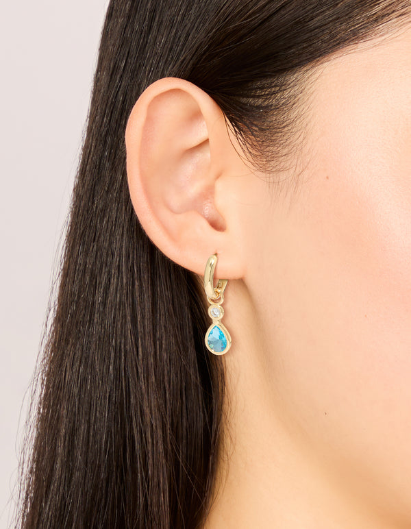 Gold Plated Blue Cubic Zirconia Teardrop Huggie  Earrings
