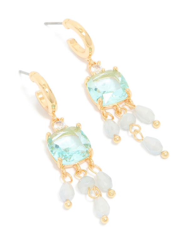 Gold Plated Blue Cubic Zirconia & Stones Square Drop Detail Earrings