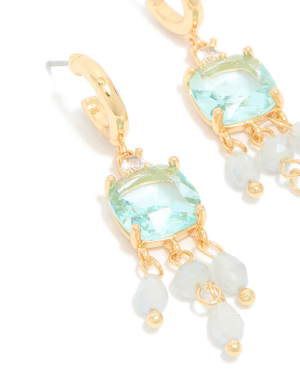 Gold Plated Blue Cubic Zirconia & Stones Square Drop Detail Earrings