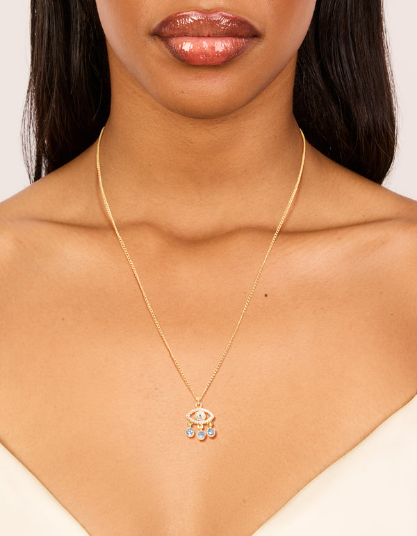 Gold Plated Blue Cubic Zirconia  Evil Eye Pendant Necklace
