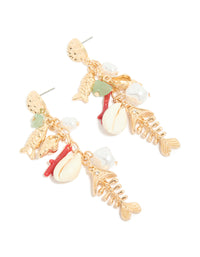 Discover gold fish drop earrings featuring ocean-inspired animal charms with shell, pearl, and bead accents in coral and mint cream tones with a front view - link has visual effect only