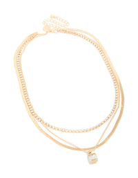 Showcasing a gold diamante and snake chain layered necklace with pendant front view - link has visual effect only