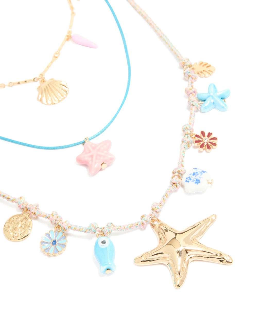 Gold Blue Cord Sea Charm Layered Necklace