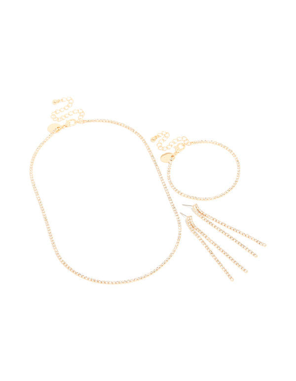 Gold Diamante Tennis Bracelet, Earrings & Necklace Pack