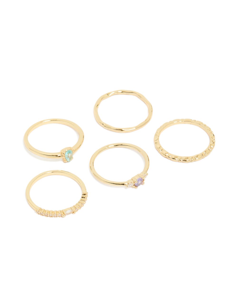 Showcasing gold plated aqua cubic zirconia rings 5-pack in stackable crystal charm design front view