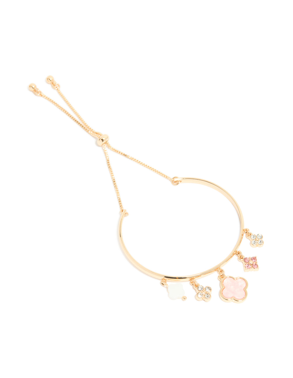 Featuring a gold pink flowers charm toggle bangle with floral accents and statement design front view