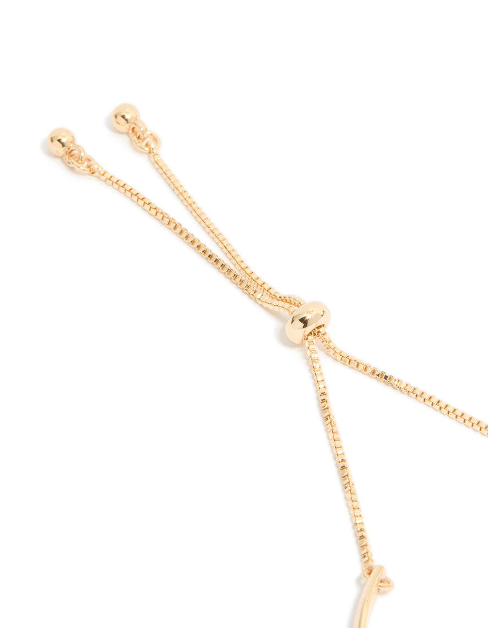 Presenting a gold pink flowers charm toggle bangle with adjustable chain closure detail view