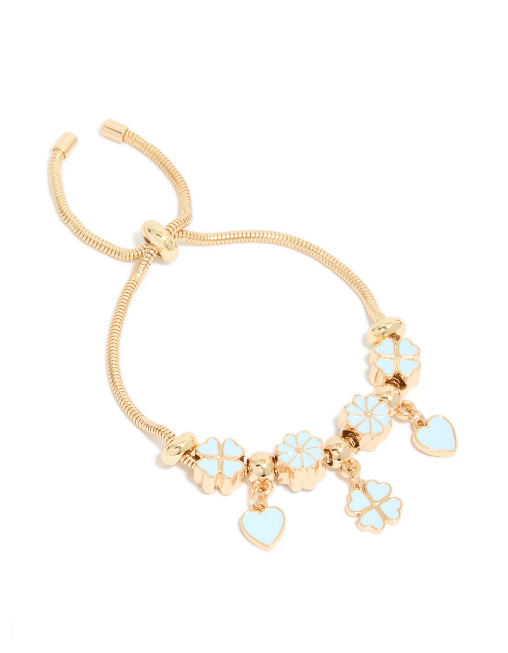 Gold Blue Clover & Heart Charm Toggle Bracelet