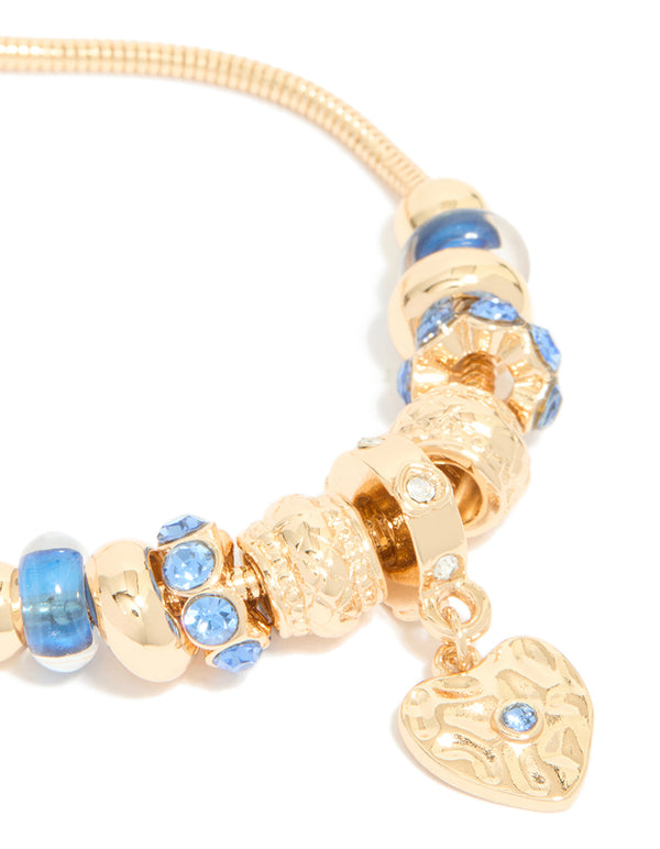 Gold Blue Diamante  & Molten Heart Charm Toggle Bracelet