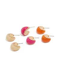 Showcasing a chunky acrylic bubble hoop earrings in a 3-pack in gold, pink, and orange front view - link has visual effect only